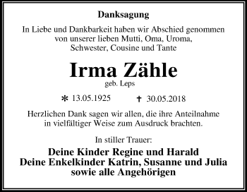 Traueranzeige von Irma Zähle von Mitteldeutsche Zeitung Dessau-Roßlau