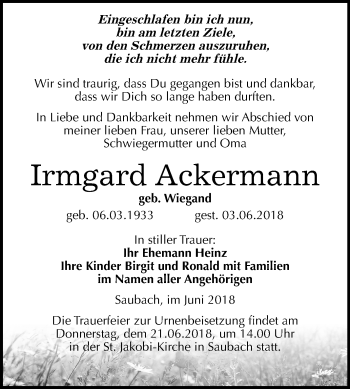 Traueranzeige von Irmgard Ackermann von Mitteldeutsche Zeitung