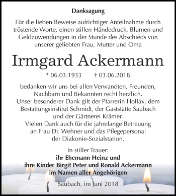 Traueranzeige von Irmgard Ackermann von Mitteldeutsche Zeitung