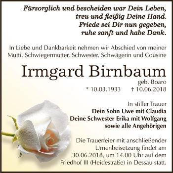 Traueranzeige von Irmgard Birnbaum von WVG - Wochenspiegel Dessau / Köthen