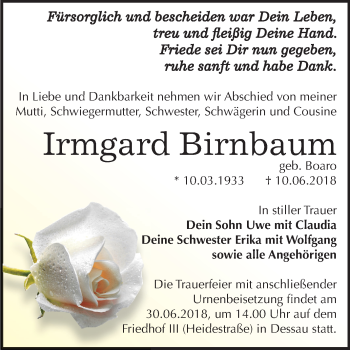 Traueranzeige von Irmgard Birnbaum von Mitteldeutsche Zeitung Dessau-Roßlau
