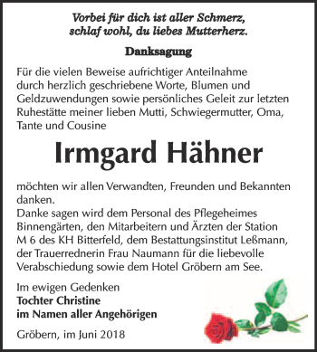 Traueranzeige von Irmgard Hähner von WVG - Wochenspiegel Wittenberg