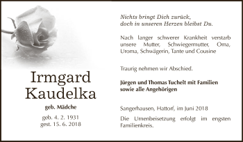 Traueranzeige von Irmgard Kaudelka von Super Sonntag SGH Mansf. Land