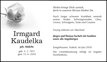 Traueranzeige von Irmgard Kaudelka von Mitteldeutsche Zeitung