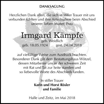 Traueranzeige von Irmgard Kämpfe von Mitteldeutsche Zeitung Zeitz