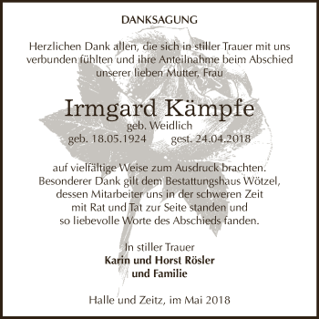 Traueranzeige von Irmgard Kämpfe von Super Sonntag Zeitz