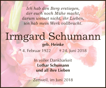 Traueranzeige von Irmgard Schumann von Super Sonntag Zeitz