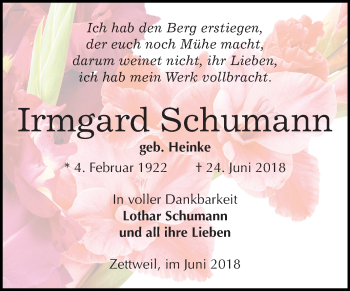 Traueranzeige von Irmgard Schumann von Mitteldeutsche Zeitung