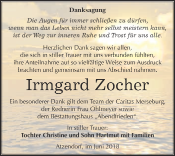 Traueranzeige von Irmgard Zocher von WVG - Wochenspiegel Merseburg