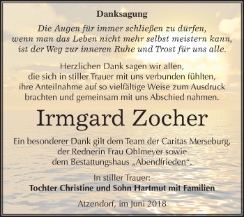 Traueranzeige von Irmgard Zocher von Mitteldeutsche Zeitung Merseburg/Querfurt