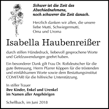 Traueranzeige von Isabella Haubenreißer von Mitteldeutsche Zeitung