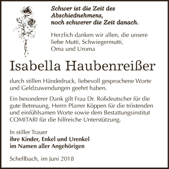 Traueranzeige von Isabella Haubenreißer von Super Sonntag Zeitz