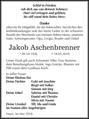 Traueranzeige von Jakob Aschenbrenner von Mitteldeutsche Zeitung Sangerhausen