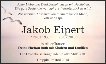 Traueranzeige von Jakob Eipert von WVG - Wochenspiegel Bitterfeld