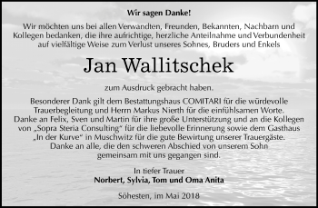 Traueranzeige von Jan Wallitschek von Mitteldeutsche Zeitung Weißenfels