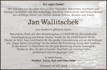 Traueranzeige von Jan Wallitschek von WVG - Wochenspiegel NMB / WSF / ZTZ