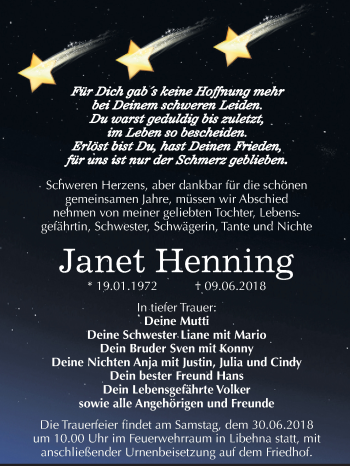 Traueranzeige von Janet Henning von Mitteldeutsche Zeitung Köthen