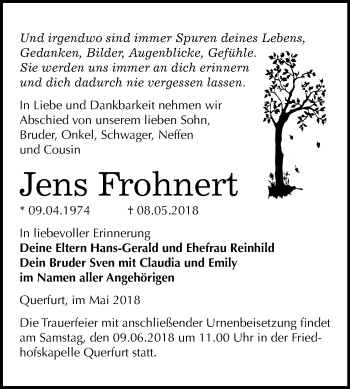 Traueranzeige von Jens Frohnert von Mitteldeutsche Zeitung Merseburg/Querfurt