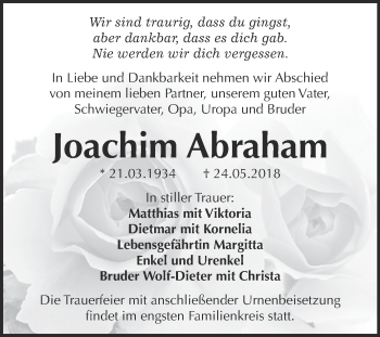 Traueranzeige von Joachim Abraham von WVG - Wochenspiegel Wittenberg
