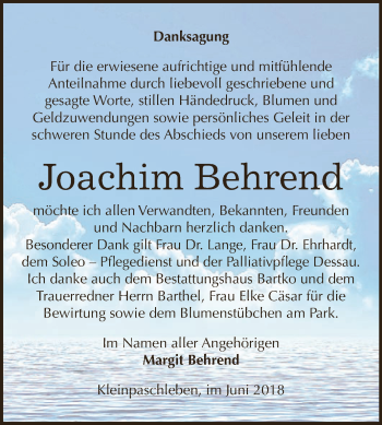 Traueranzeige von Joachim Behrend von WVG - Wochenspiegel Dessau / Köthen