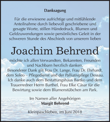 Traueranzeige von Joachim Behrend von Mitteldeutsche Zeitung