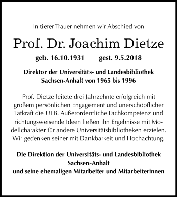 Traueranzeige von Joachim Dietze von Mitteldeutsche Zeitung Halle/Saalkreis