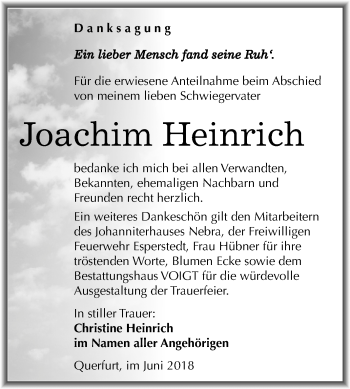 Traueranzeige von Joachim Heinrich von Mitteldeutsche Zeitung Merseburg/Querfurt
