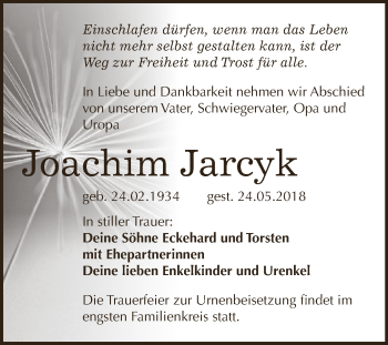 Traueranzeige von Joachim Jarcyk von WVG - Wochenspiegel Dessau / Köthen