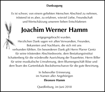 Traueranzeige von Joachim Werner Hamm von Mitteldeutsche Zeitung Quedlinburg