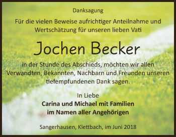 Traueranzeige von Jochen Becker von Super Sonntag SGH Mansf. Land
