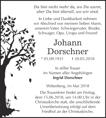 Traueranzeige von Johann Dorschner von WVG - Wochenspiegel Wittenberg