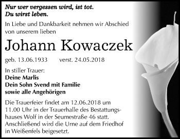 Traueranzeige von Johann Kowaczek von Mitteldeutsche Zeitung Weißenfels