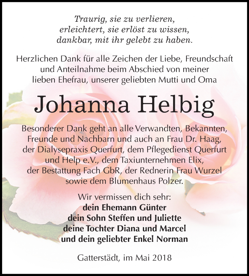  Traueranzeige für Johanna Helbig vom 06.06.2018 aus Mitteldeutsche Zeitung