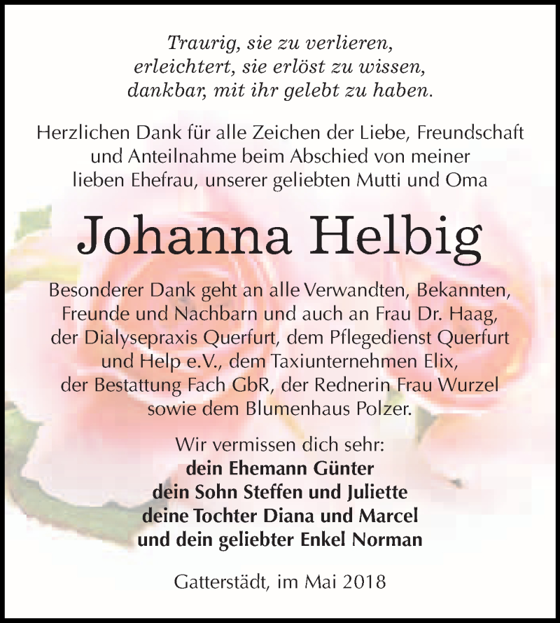  Traueranzeige für Johanna Helbig vom 06.06.2018 aus WVG - Wochenspiegel Merseburg