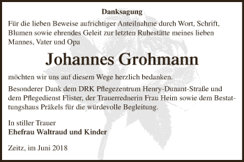Traueranzeige von Johannes Grohmann von Super Sonntag Zeitz