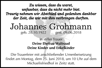Traueranzeige von Johannes Grohmann von Mitteldeutsche Zeitung Zeitz
