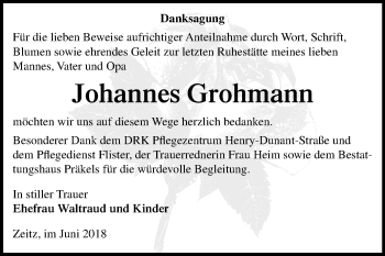 Traueranzeige von Johannes Grohmann von Mitteldeutsche Zeitung Zeitz