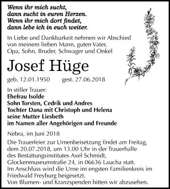 Traueranzeige von Josef Hüge von Mitteldeutsche Zeitung