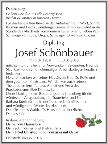Traueranzeige von Josef Schönbauer von Mitteldeutsche Zeitung