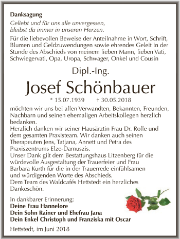 Traueranzeige von Josef Schönbauer von Wochenspiegel Mansfelder Land