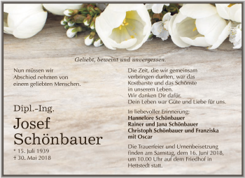 Traueranzeige von Josef Schönbauer von Wochenspiegel Mansfelder Land