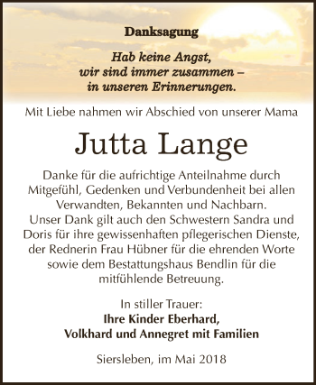 Traueranzeige von Jutta Lange von Super Sonntag SGH Mansf. Land