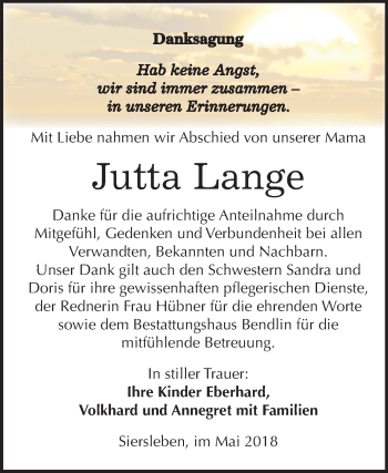 Traueranzeige von Jutta Lange von Mitteldeutsche Zeitung