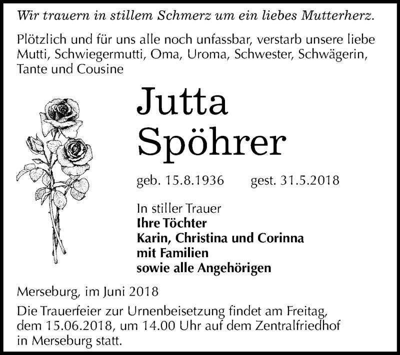  Traueranzeige für Jutta Spöhrer vom 09.06.2018 aus Mitteldeutsche Zeitung