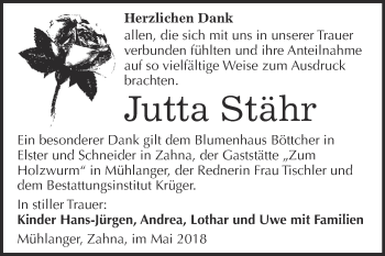 Traueranzeige von Jutta Stähr von WVG - Wochenspiegel Wittenberg
