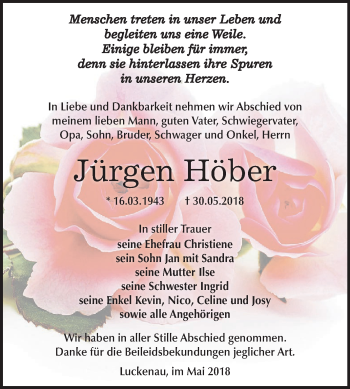 Traueranzeige von Jürgen Höber von Mitteldeutsche Zeitung Zeitz
