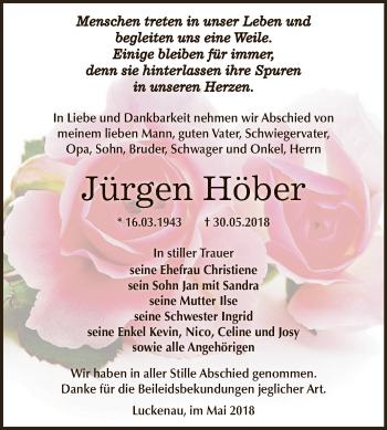 Traueranzeige von Jürgen Höber von Super Sonntag Zeitz