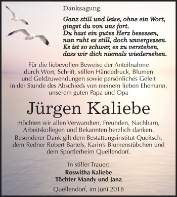 Traueranzeige von Jürgen Kaliebe von Mitteldeutsche Zeitung Bitterfeld