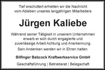 Traueranzeige von Jürgen Kaliebe von WVG - Wochenspiegel Bitterfeld