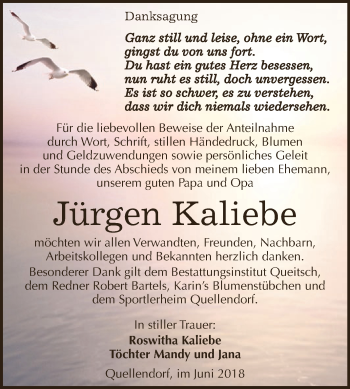 Traueranzeige von Jürgen Kaliebe von WVG - Wochenspiegel Dessau / Köthen